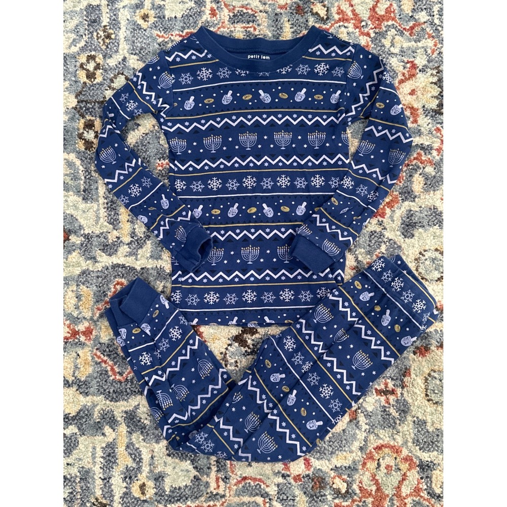 Petit Lem Pajama Set Boys 5 Navy Hanukkah Fair Isle Organic Cotton EUC
